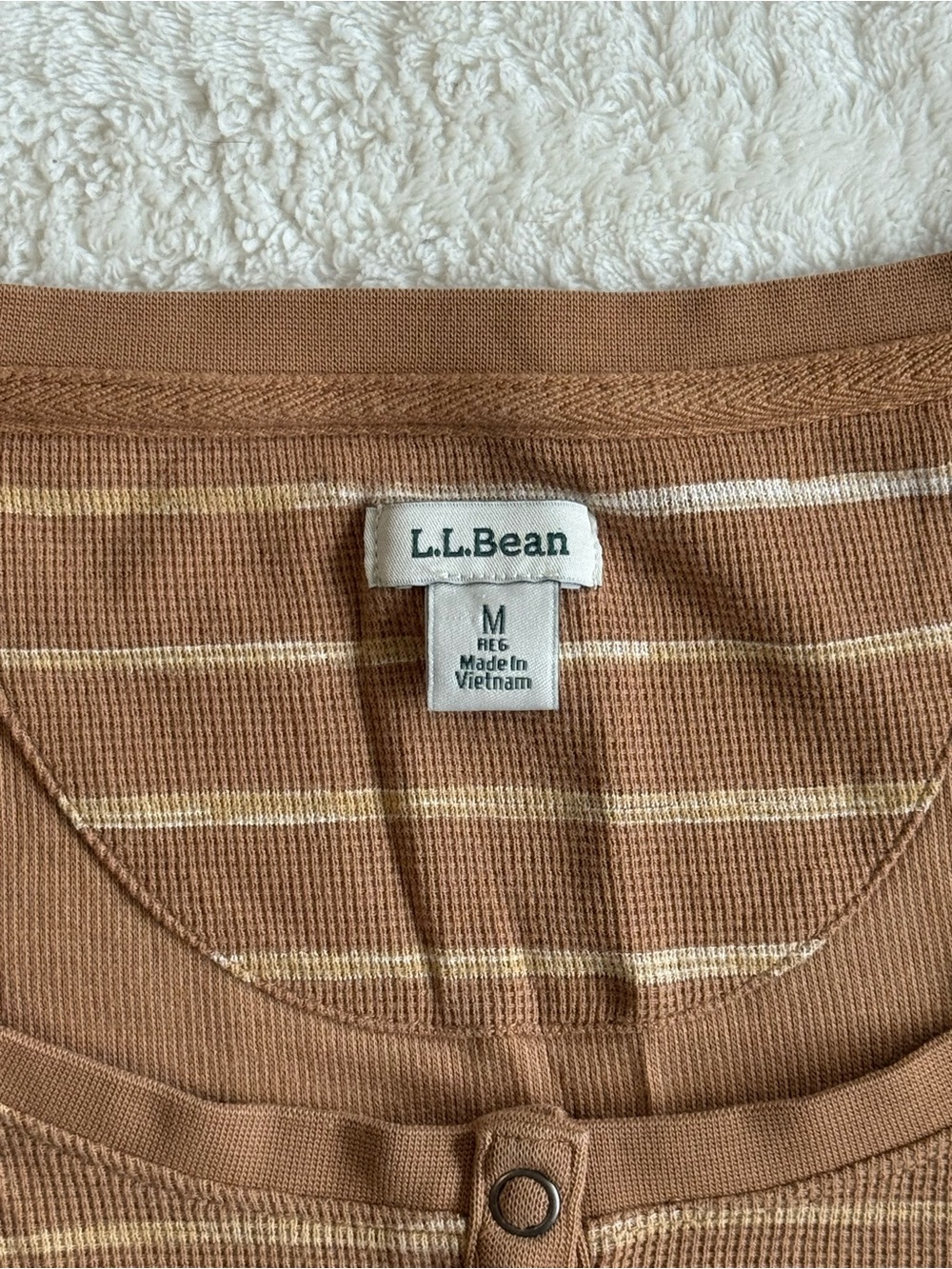 L.L.Bean Striped Waffle Knit Henley Thermal Top M Brown Cotton - Picture 2 of 7